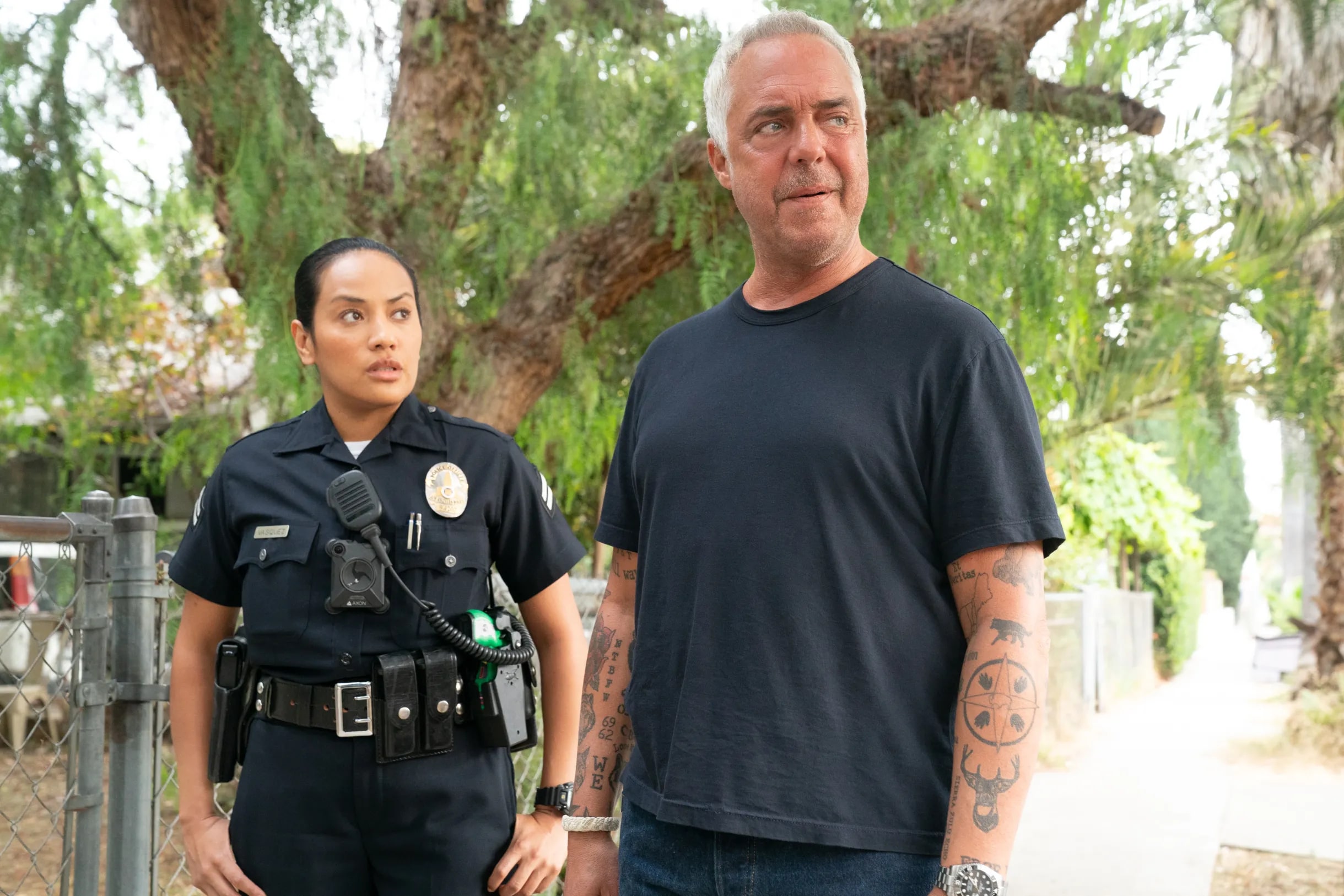 Officer Reina Vasquez Denise G. Sanchez and Harry Bosch Titus Welliver in season two of Bosch Legacy Photo Credit Warrick Page